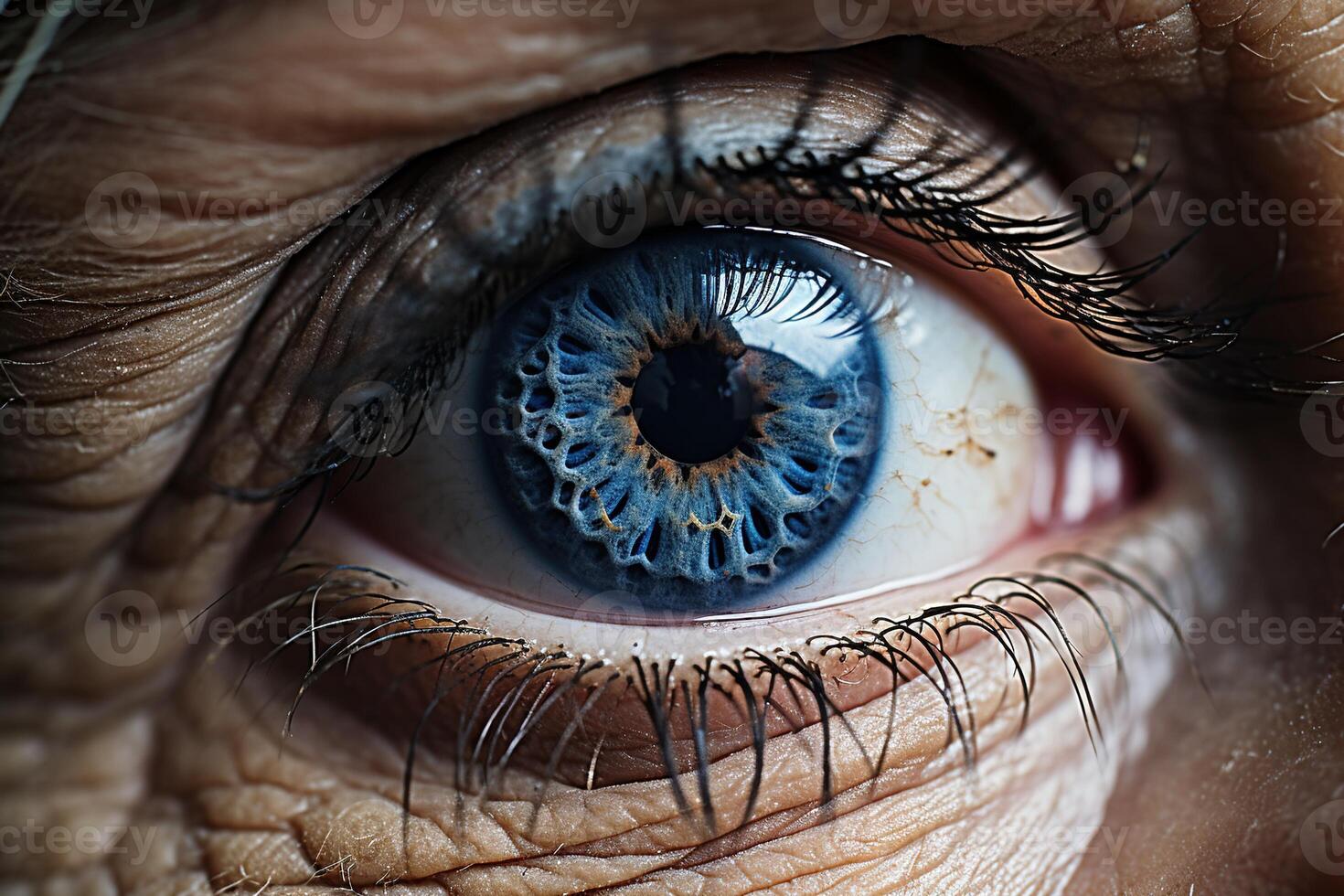 AI generated Macro closeup of an old woman's blue sad eye with severe wrinkles around photo