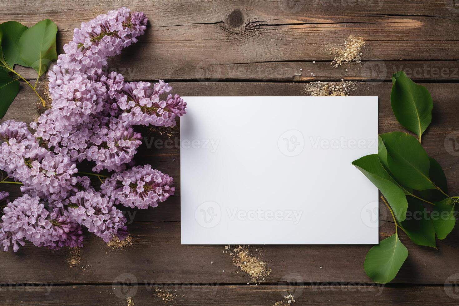 AI generated mockup white blank paper sheet with lilac flowers top view on wooden background, floral template empty card flat lay for design with copy space photo