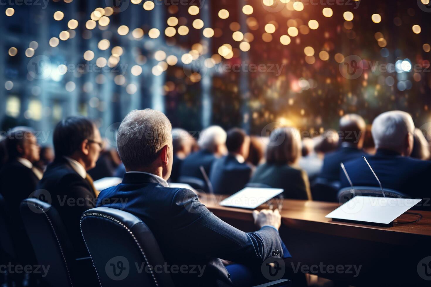 AI generated Unrecognizable people sit in a large hall and listen to a speaker at a symposium photo