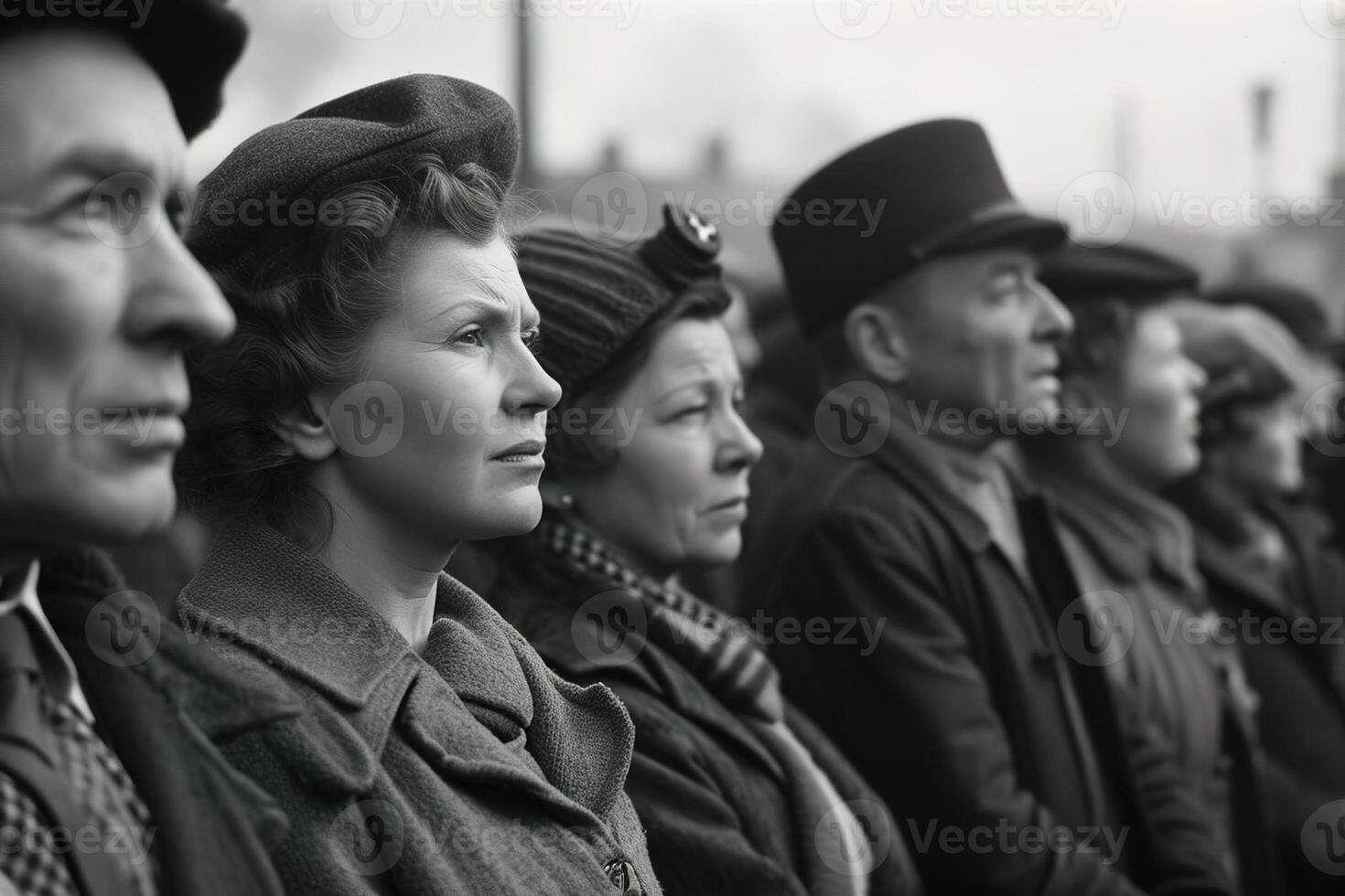 AI generated Black and white retro image of a group of serious workers at a rights protest rally photo