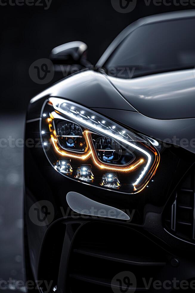 AI generated Vertical close view of the headlight of a glossy reflective new black car on a dark blurred background photo