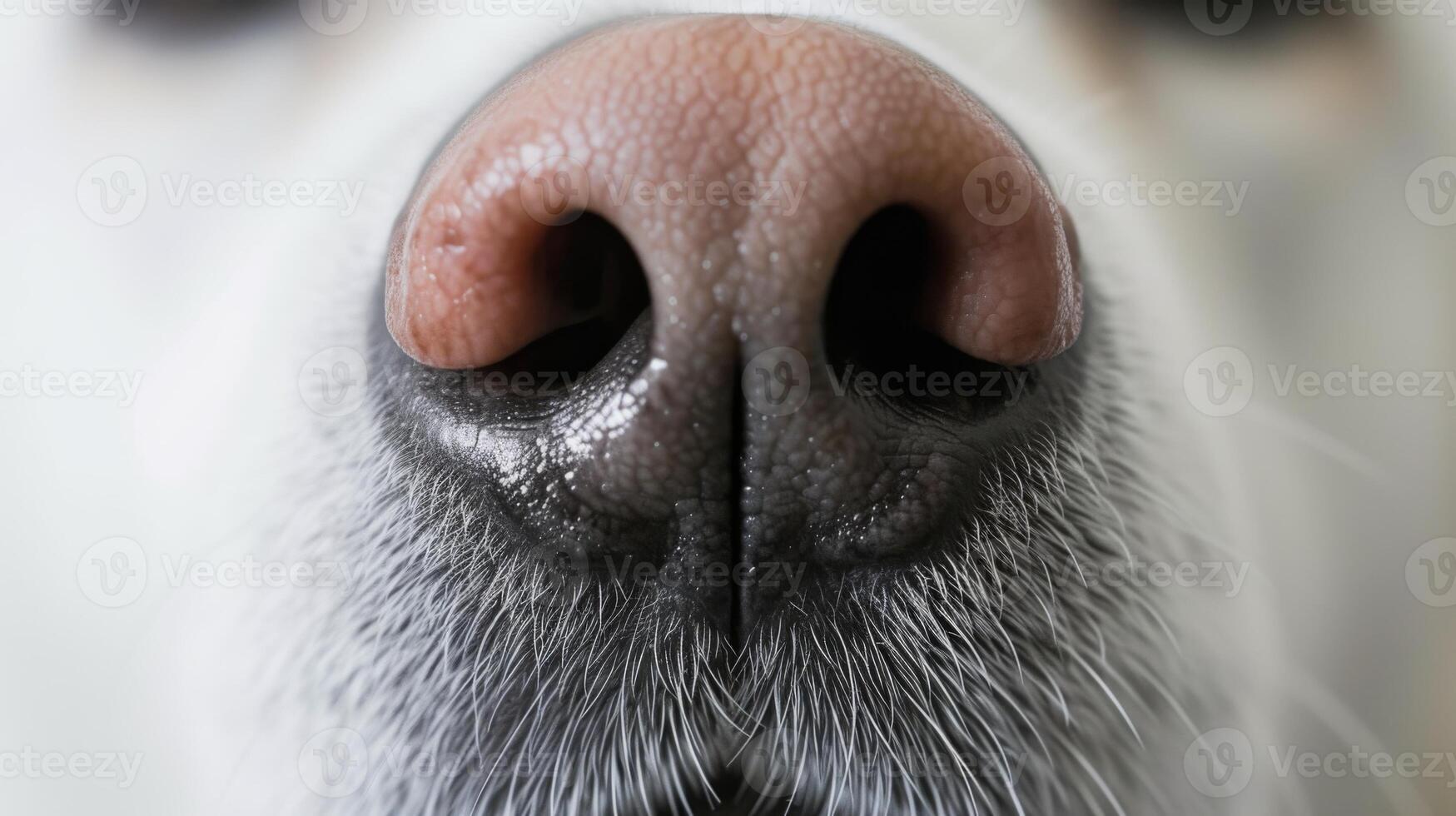 AI generated White dog nose. Detailed close-up of a cute dogs pink nose. photo