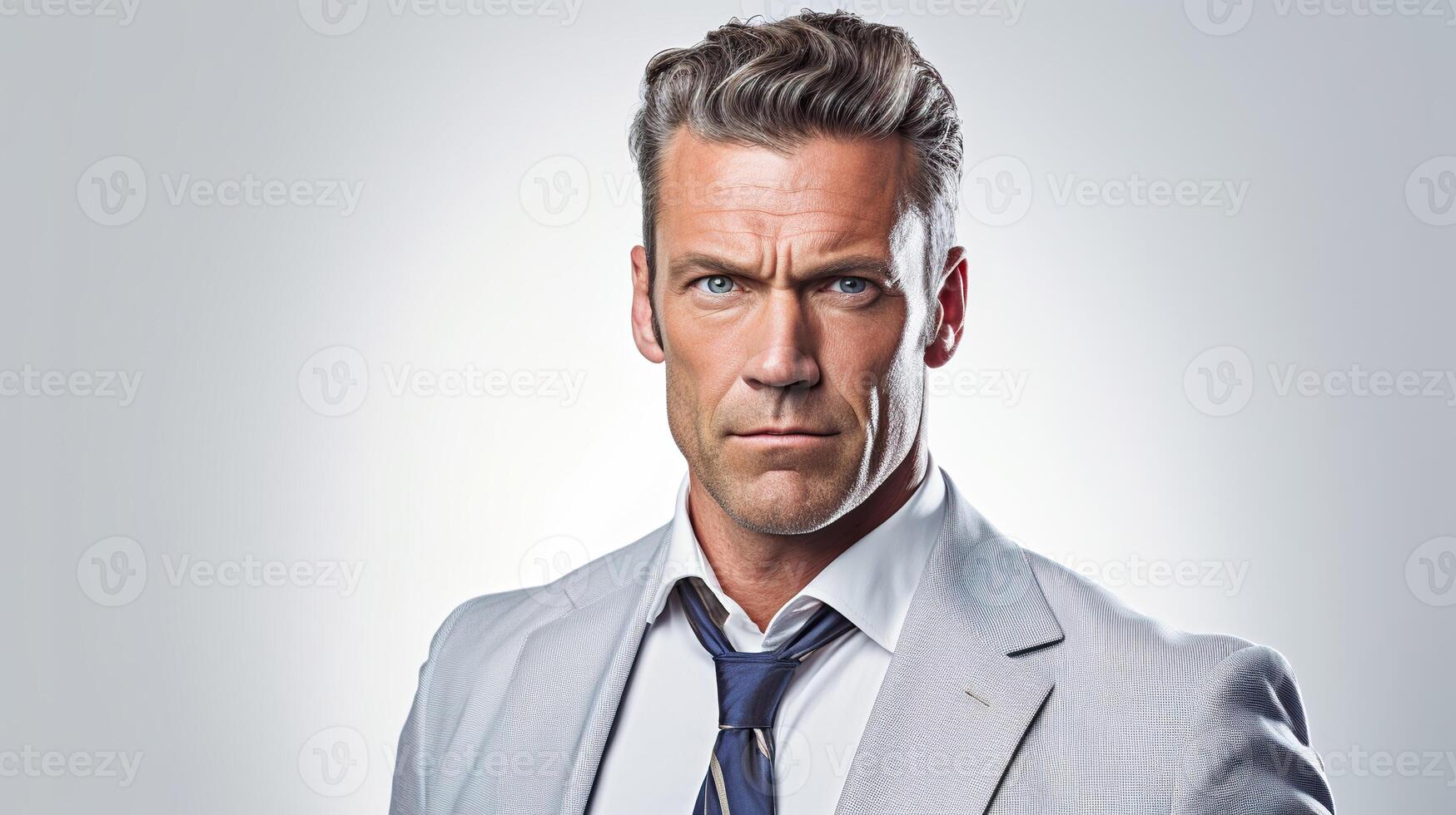 AI Generated Businessman in a suit and tie looking at the camera with a serious expression on a white background photo