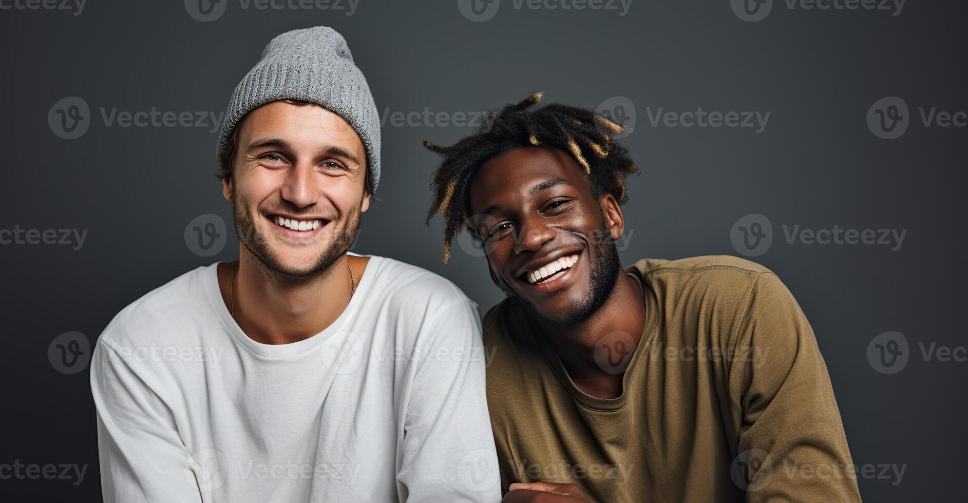 AI Generated Two diverse young men smiling and looking at the camera with a solid color background photo