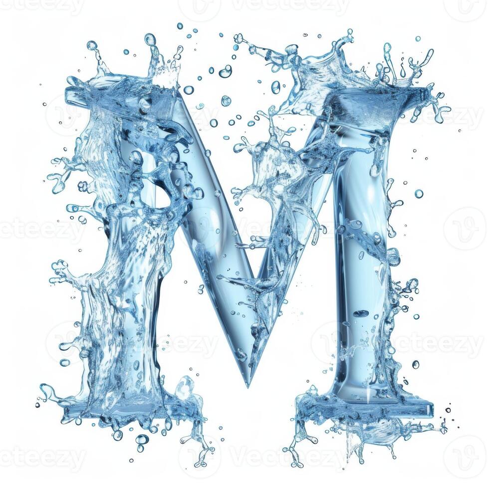 AI generated Splash of water takes the shape of the letter M, representing the concept of Fluid Typography. photo