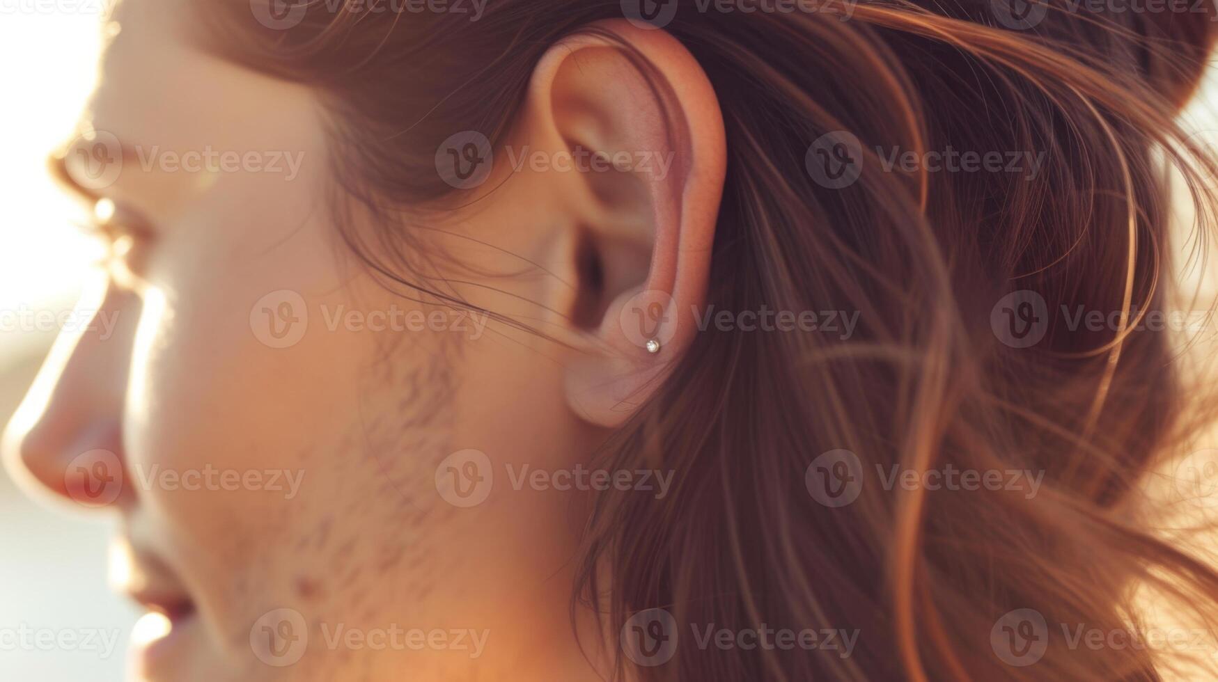 AI generated Close-up of a womans ear with a small diamond stud earring. Isolated on a beige background photo