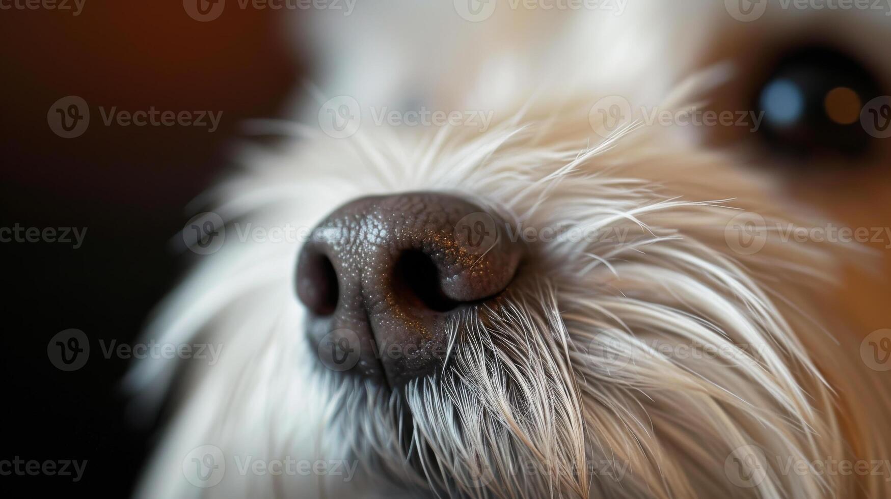 AI generated Detailed Close-Up of a Fluffy White Dogs Nose and Hair with Focus on Texture and Details photo