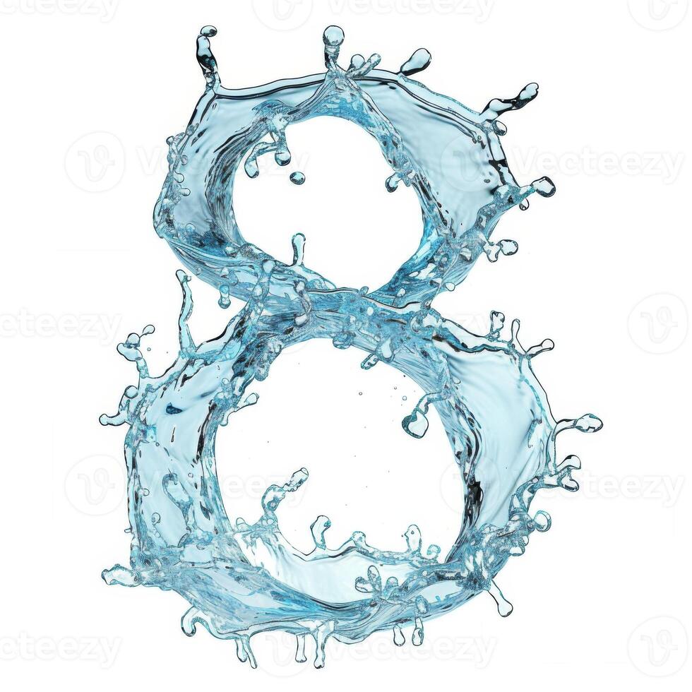 AI generated Blue water splash alphabet isolated on white background. Stylized font, capital number 8. Text made of water splashes, number 8. photo