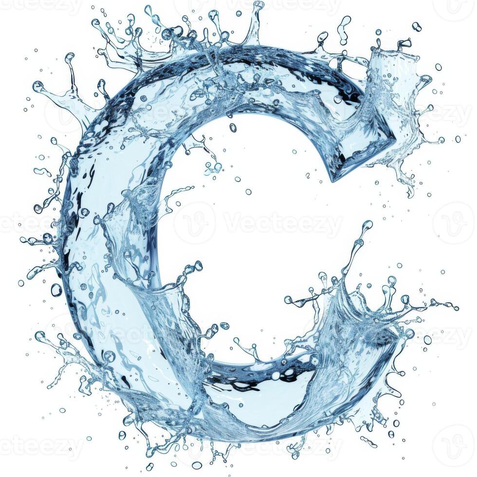 AI generated Blue water splash isolated on white background. 3d rendering ABC. Letter C water splash alphabet isolated on white. photo