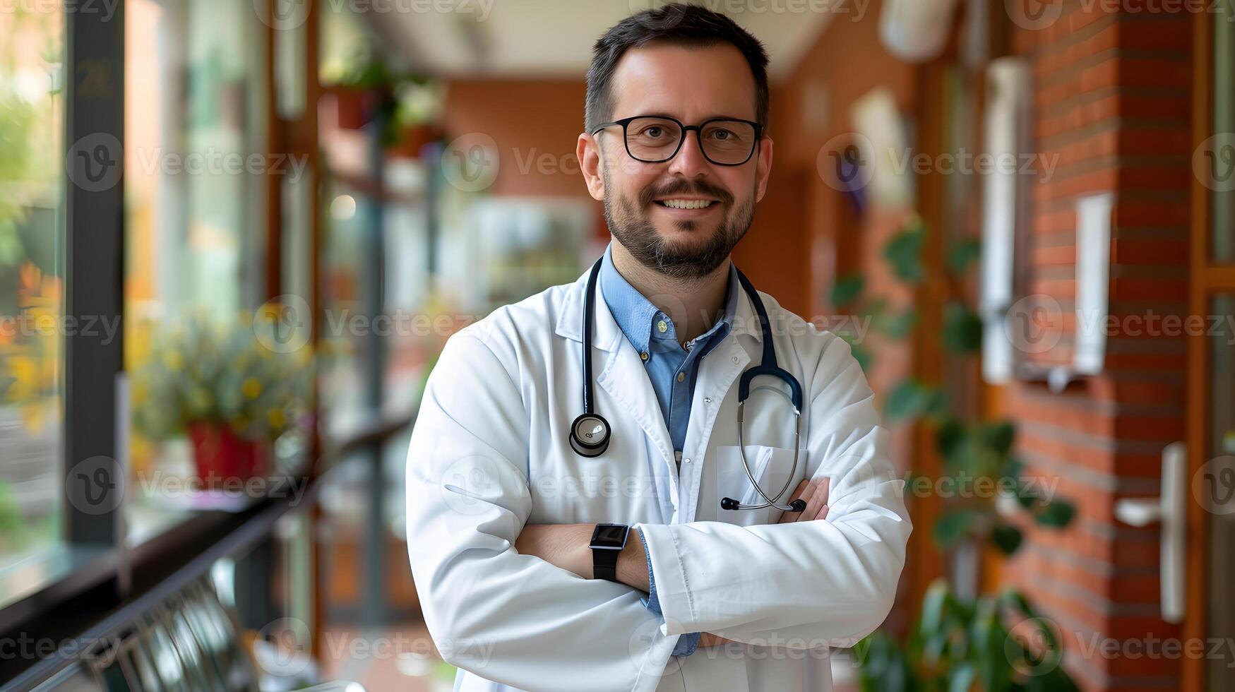 AI generated Portrait of a male medical worker with a stethoscope. AI Generated photo