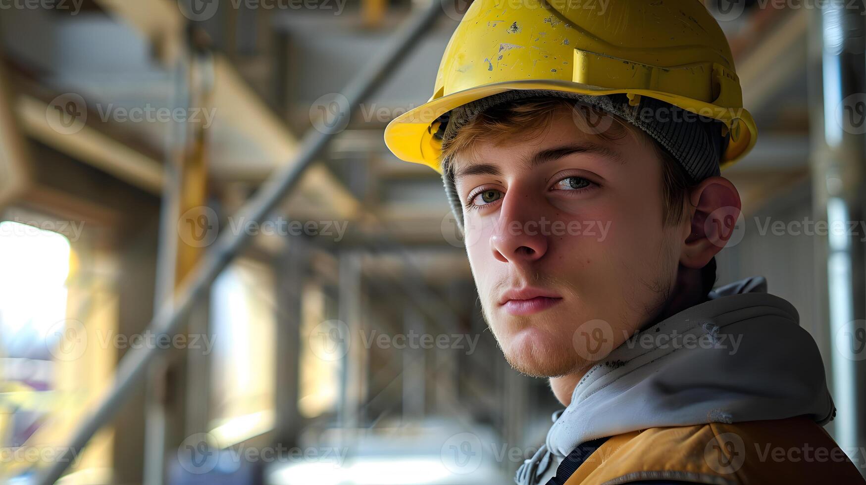 AI generated A man, a worker, a builder by profession, in a uniform and a helmet. AI Generated photo