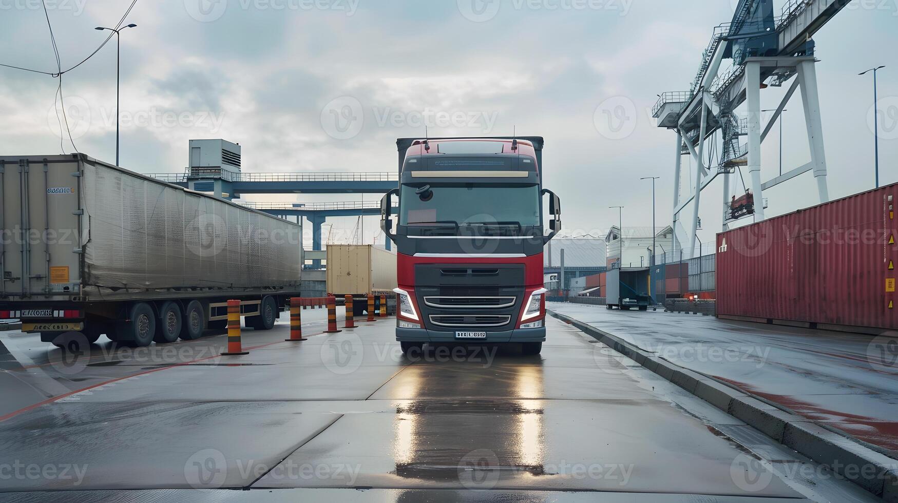 AI generated Truck trailer on the pier in the cargo port terminal with cranes and containers. AI Generated photo