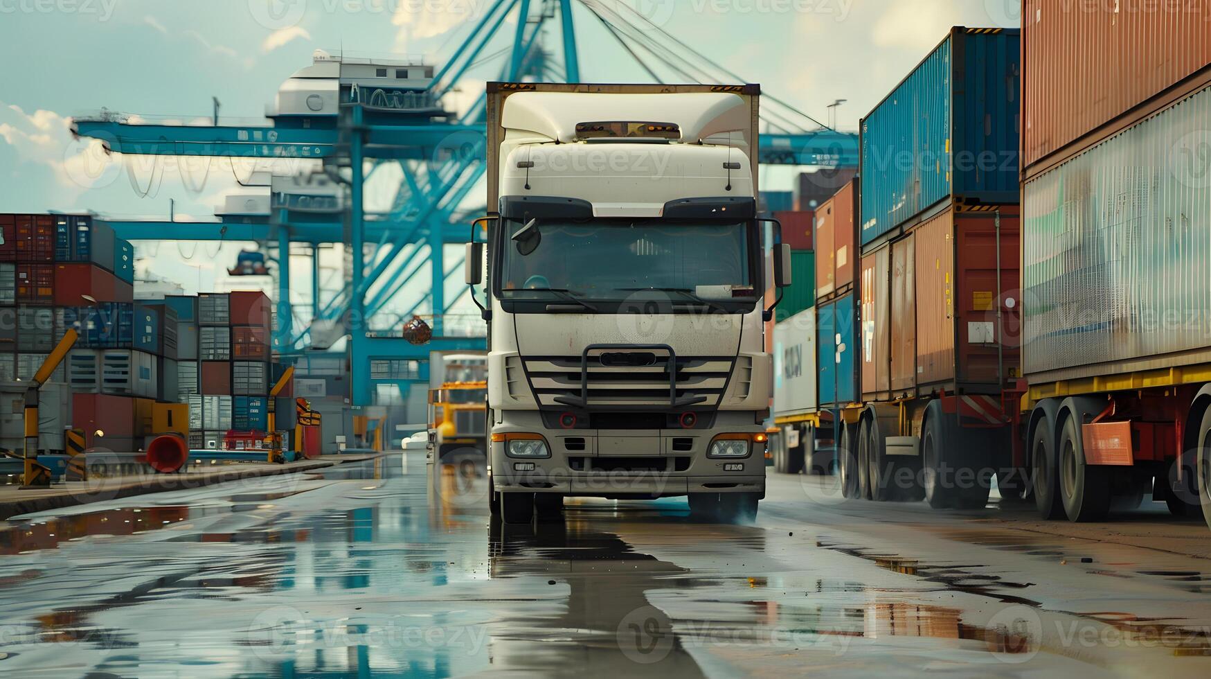 AI generated Truck trailer on the pier in the cargo port terminal with cranes and containers. AI Generated photo