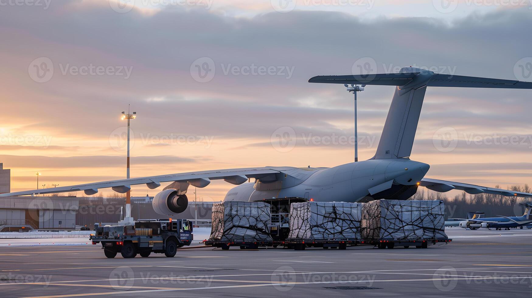 AI generated A cargo plane at the airport docks loads or unloads cargo. AI Generated photo