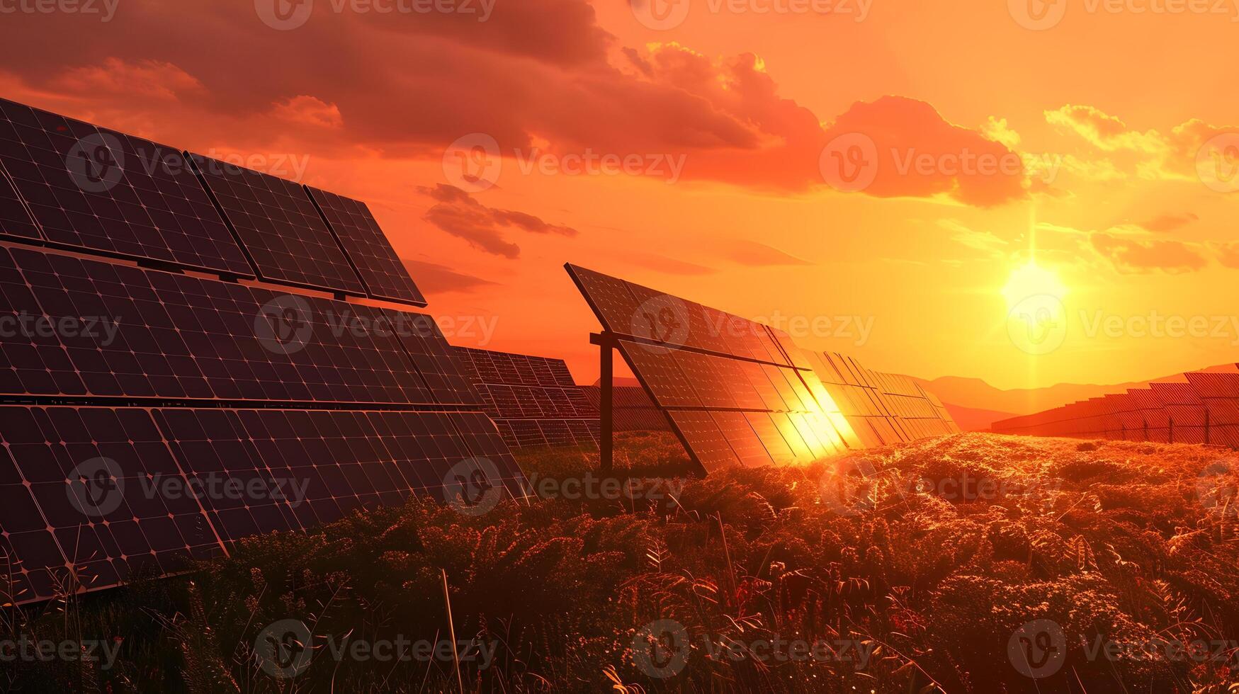 AI generated Fields of solar panels and systems to produce green electricity. AI Generated photo