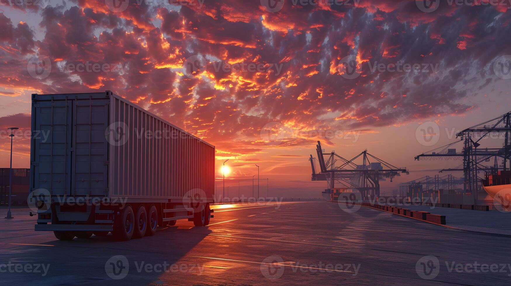 AI generated Truck trailer on the pier in the cargo port terminal with cranes and containers. AI Generated photo