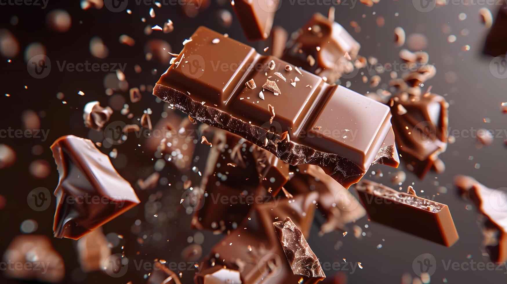 AI generated Sweet dark chocolate bar broken into pieces. AI Generated photo