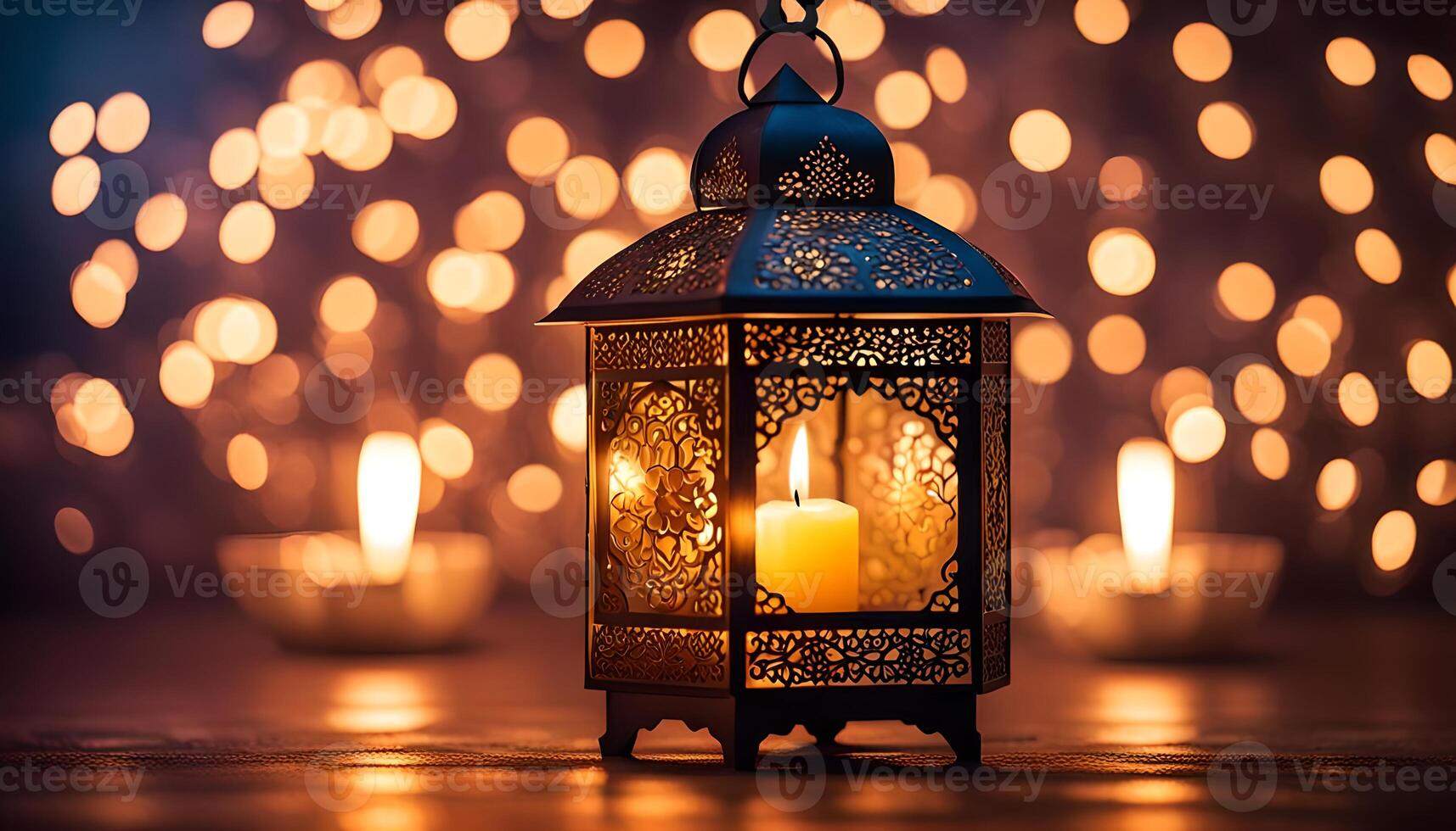 AI generated Ornamental Arabic lantern with burning candle glowing at night. photo