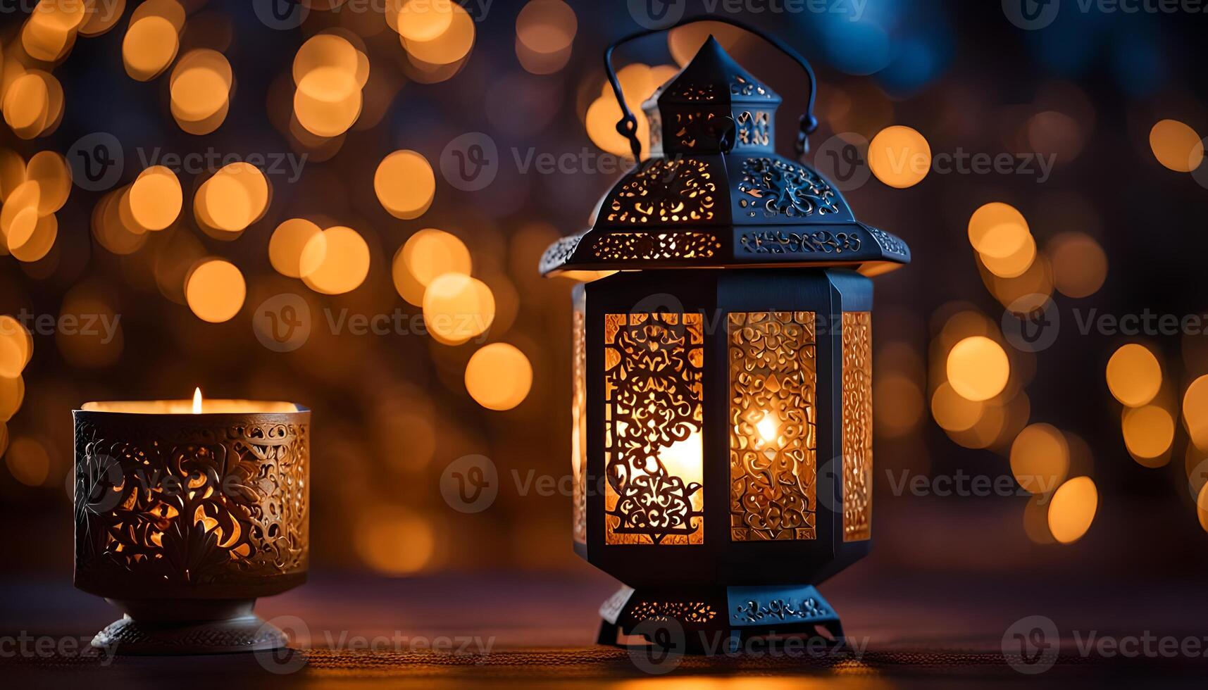 AI generated Ornamental Arabic lantern with burning candle glowing at night. photo