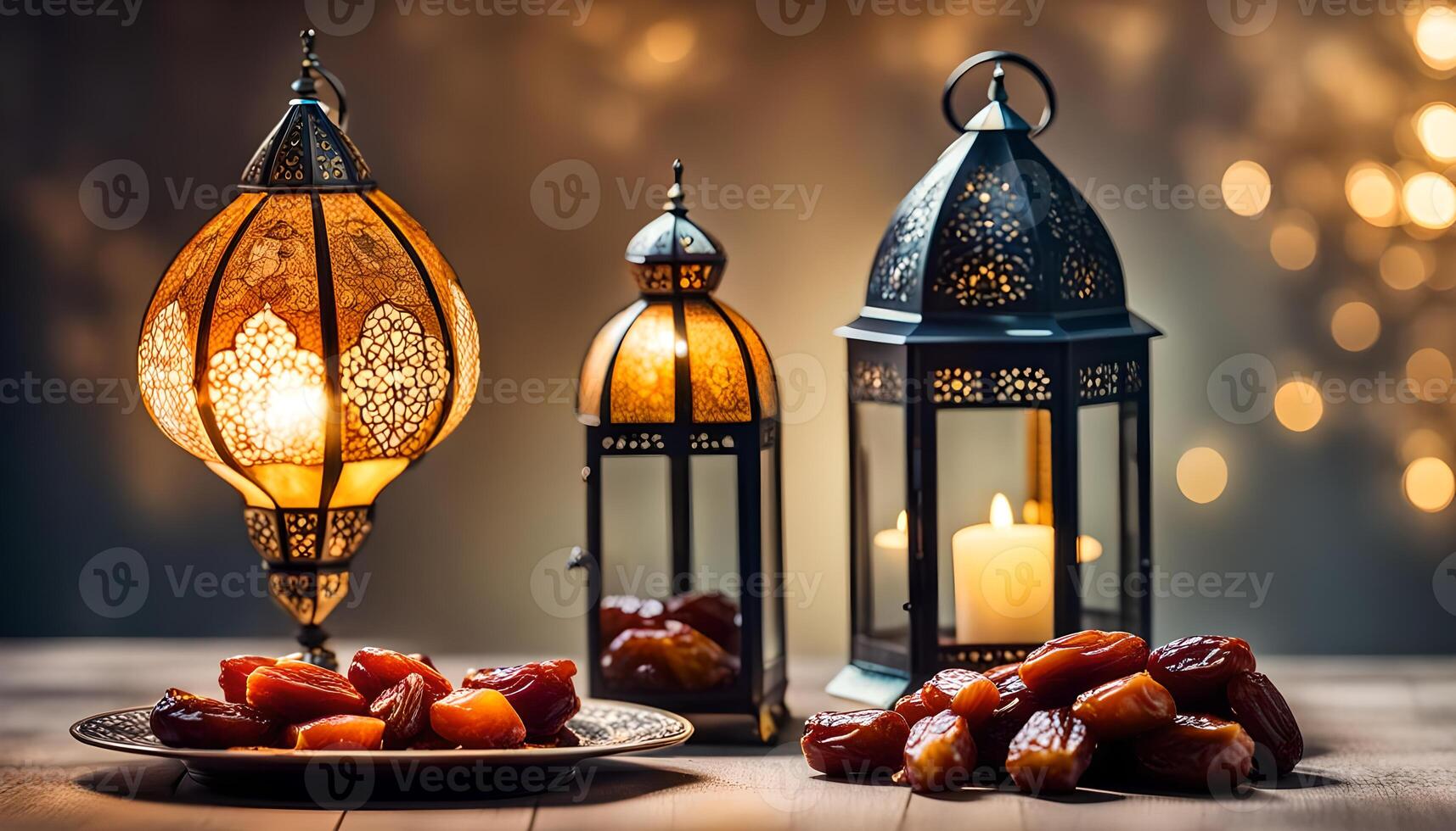 AI generated Ramadan lamp and dates still life photo