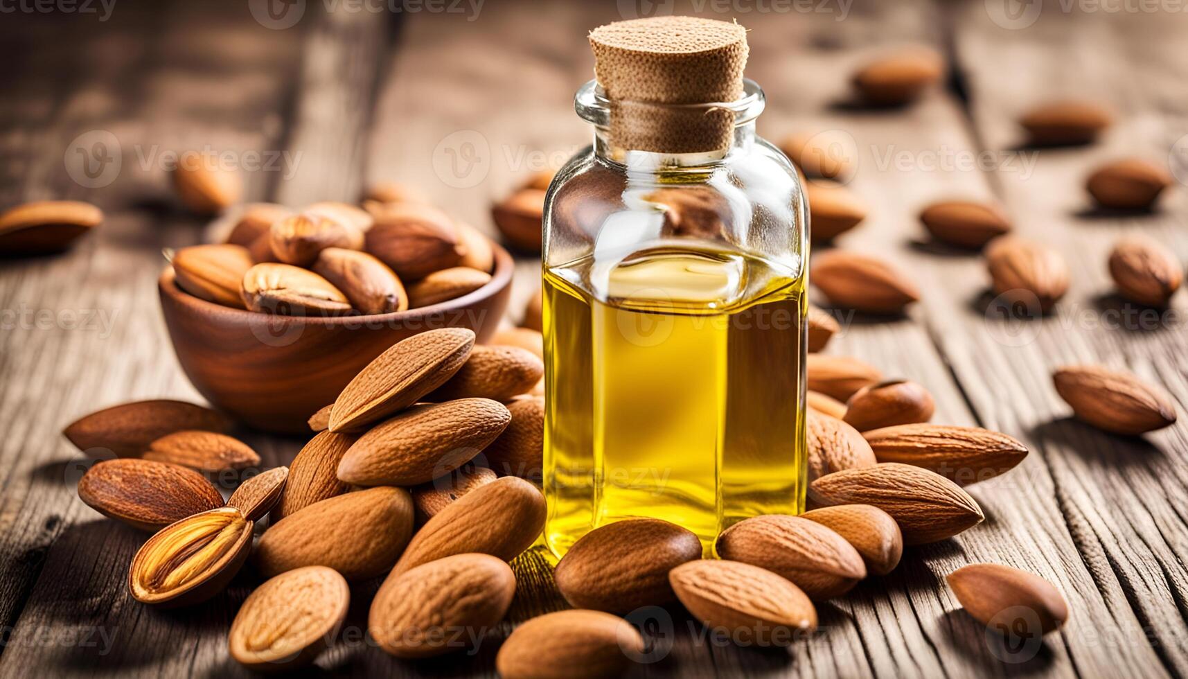 AI generated Almond oil in glass bottle and almonds on wooden table photo