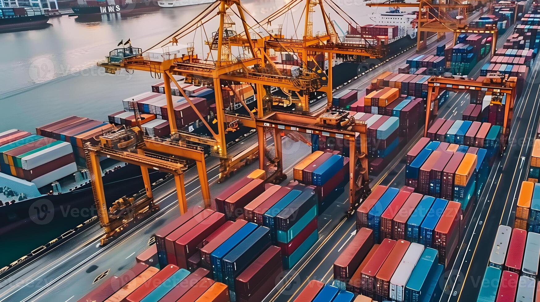 AI generated A ship for transporting cargo containers and also unloading it at the docks of a cargo port. AI Generated photo