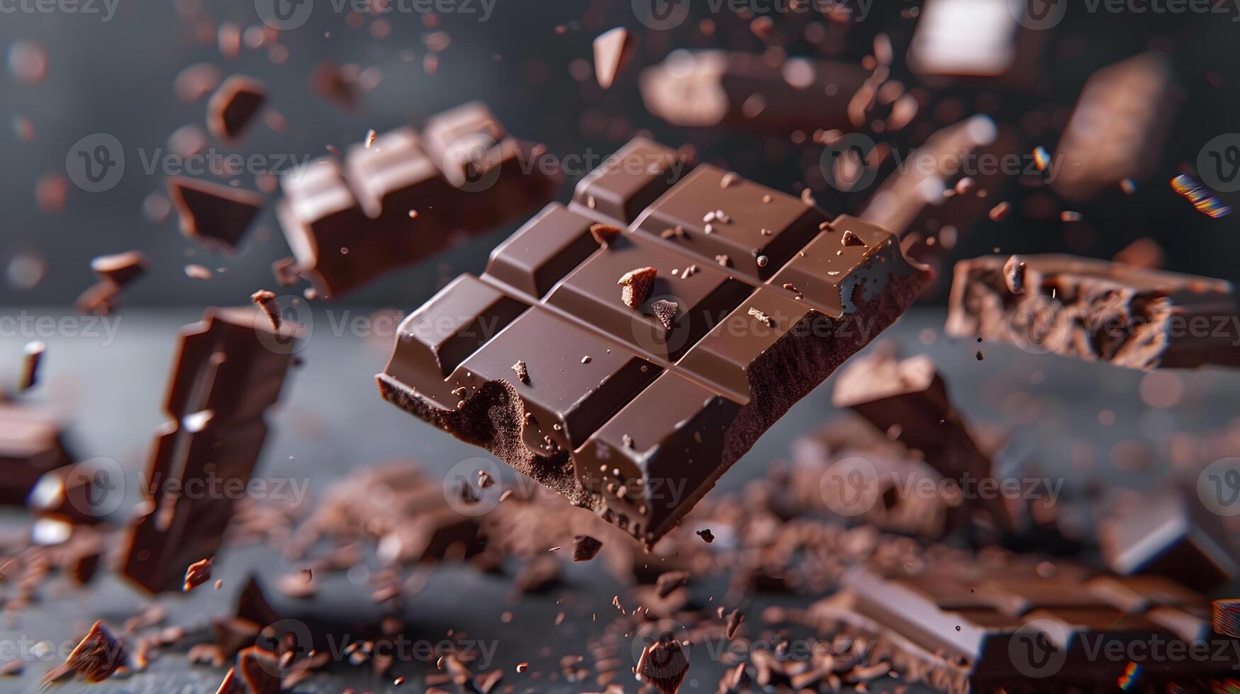 AI generated Sweet dark chocolate bar broken into pieces. AI Generated photo