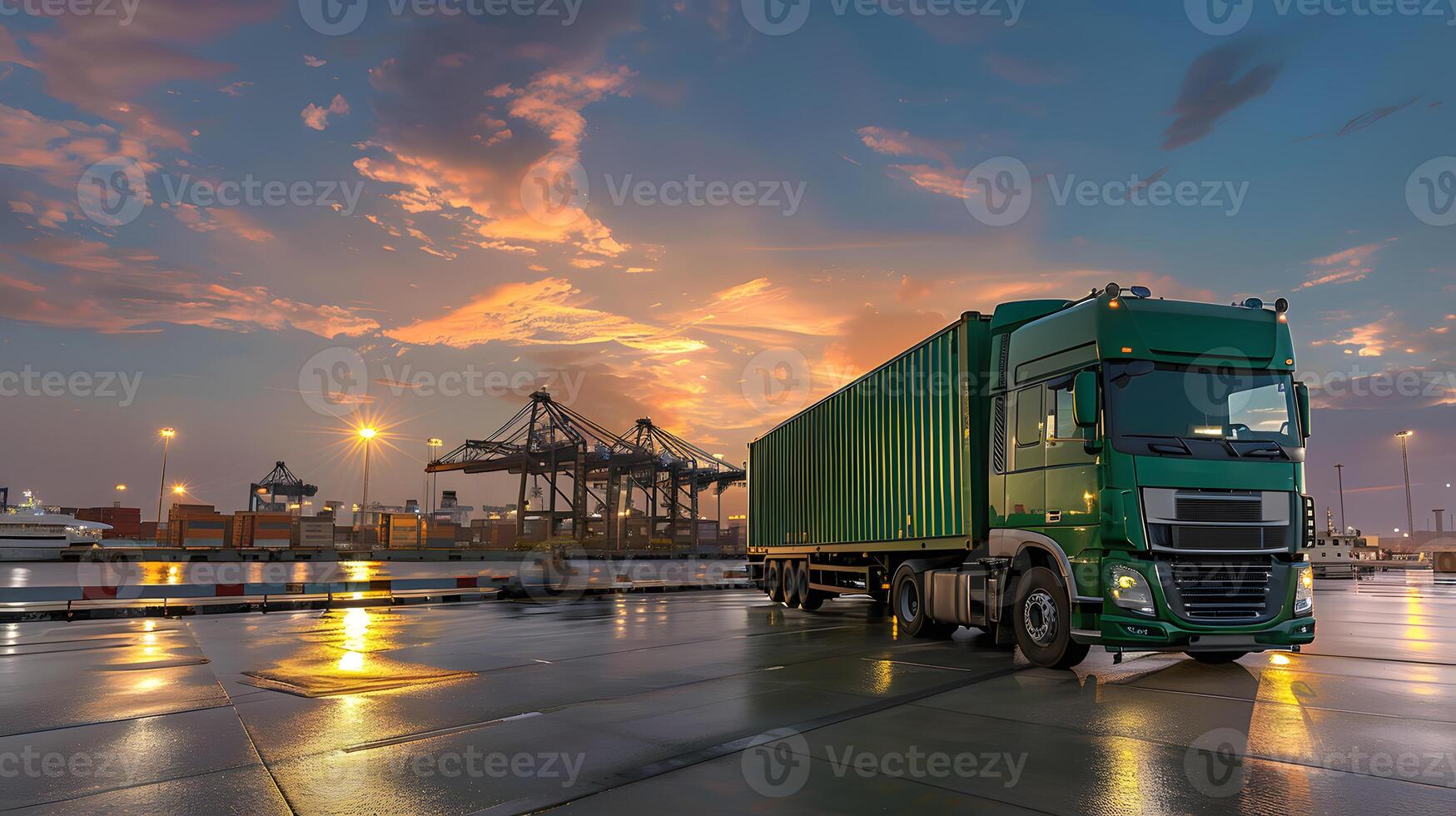 AI generated Truck trailer on the pier in the cargo port terminal with cranes and containers. AI Generated photo