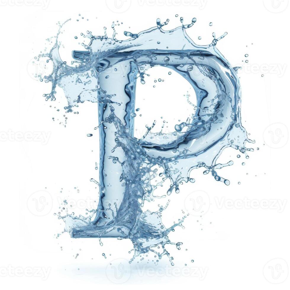 AI generated Latin letter P, texture of water, ice and splashes on white background. Close-up of one isolated large letter P. photo