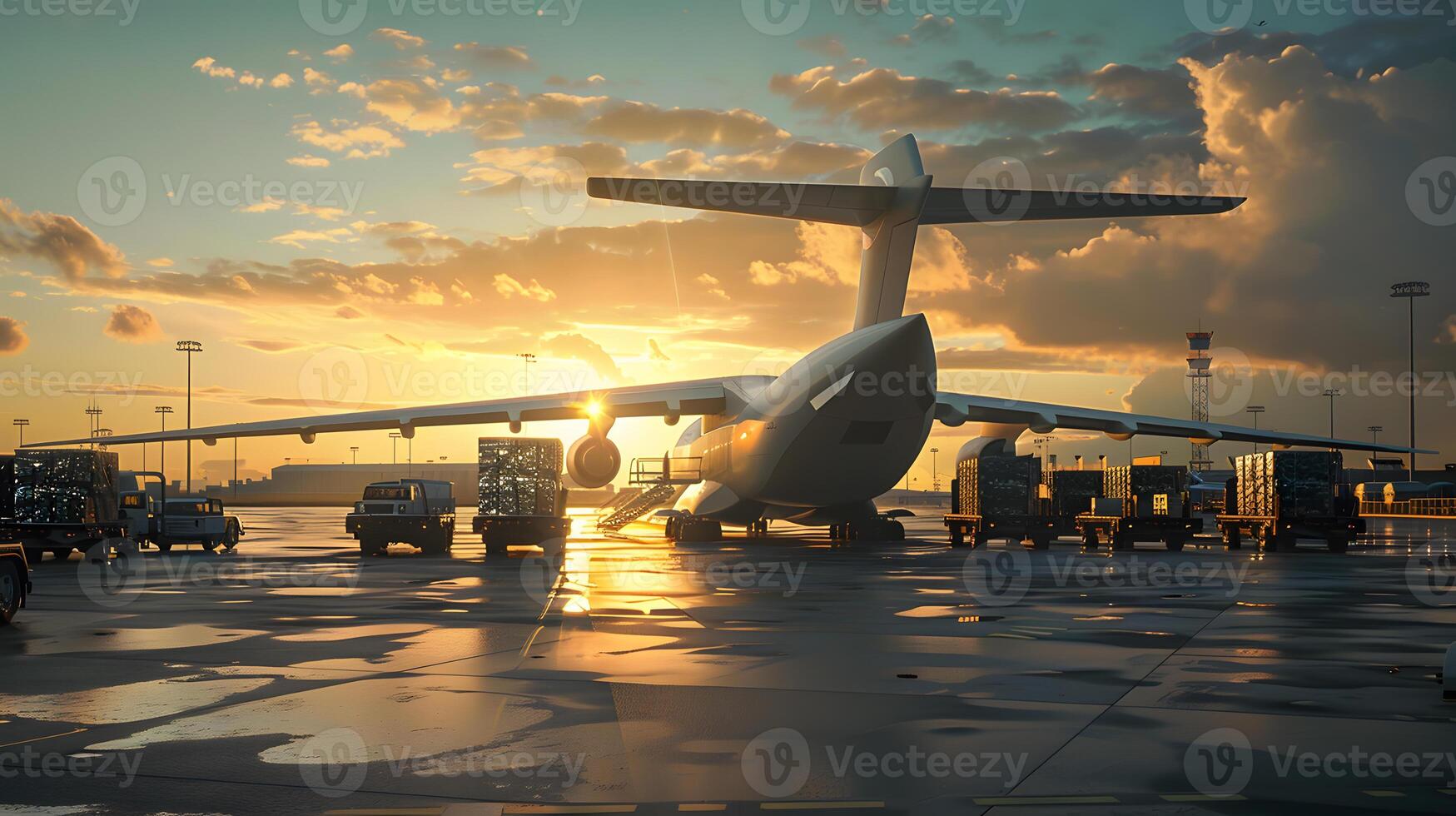 AI generated A cargo plane at the airport docks loads or unloads cargo. AI Generated photo