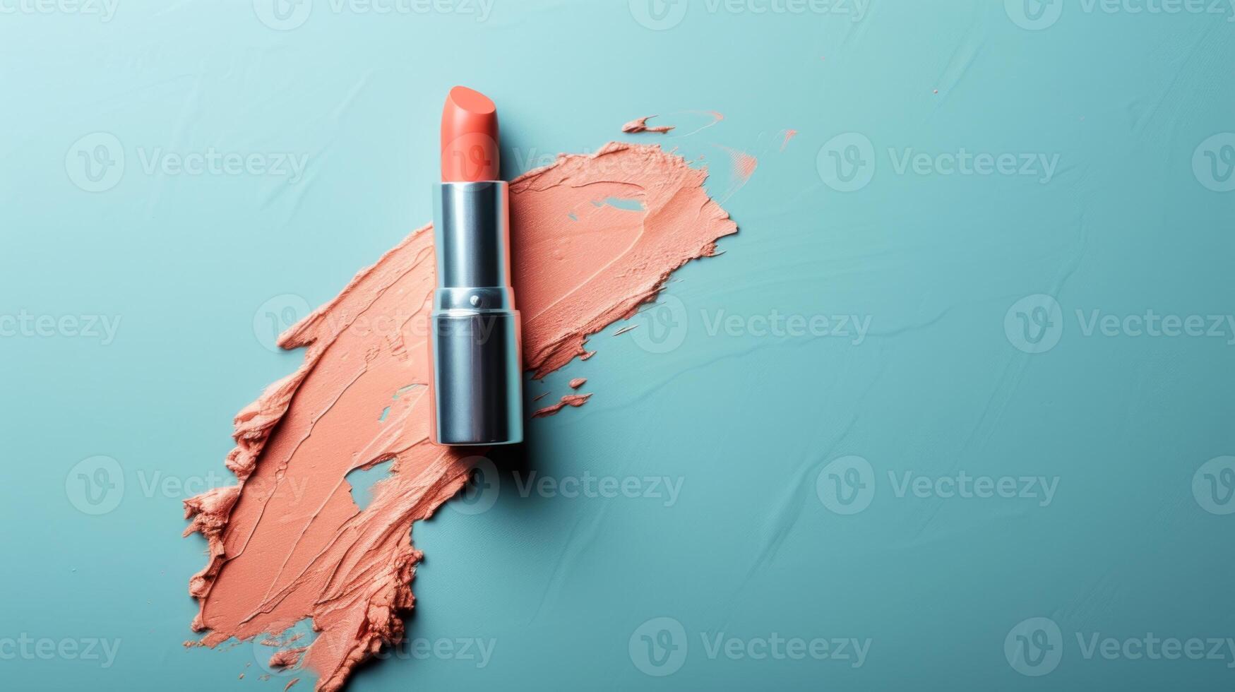 AI generated Beautiful peach-colored lipstick in a sleek silver tube with a vibrant smear on a blue background photo