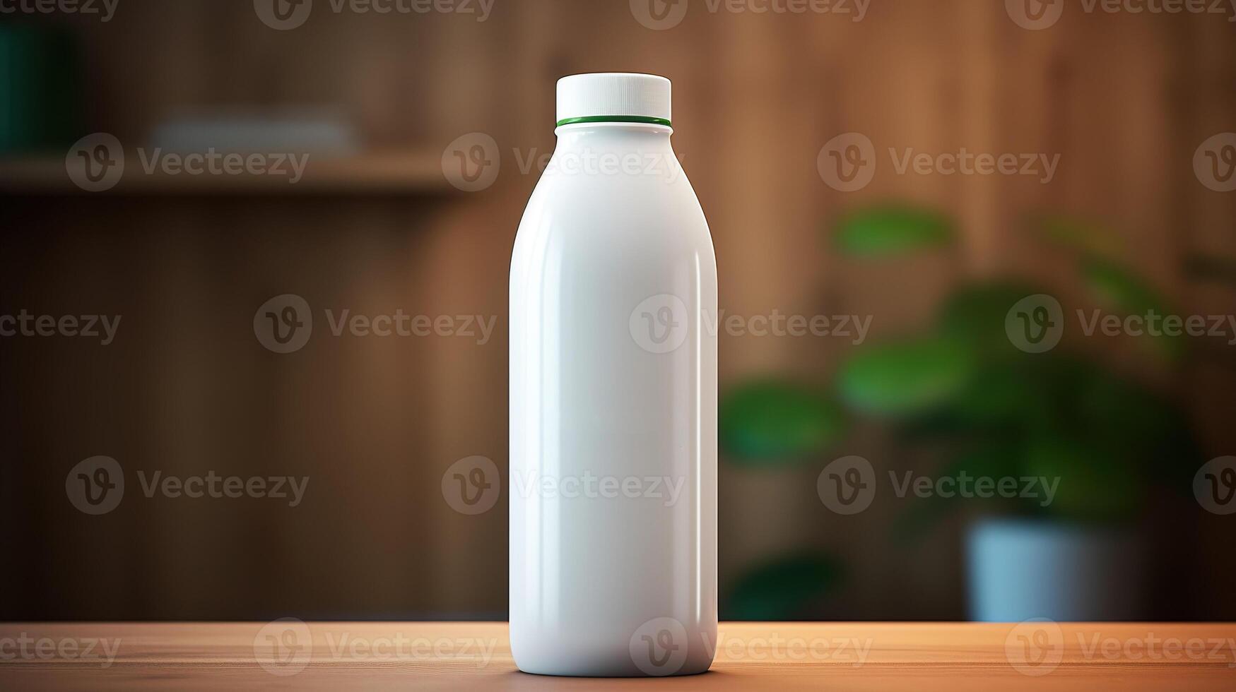 AI generated Single white milk bottle mockup on wooden table with blurred background photo