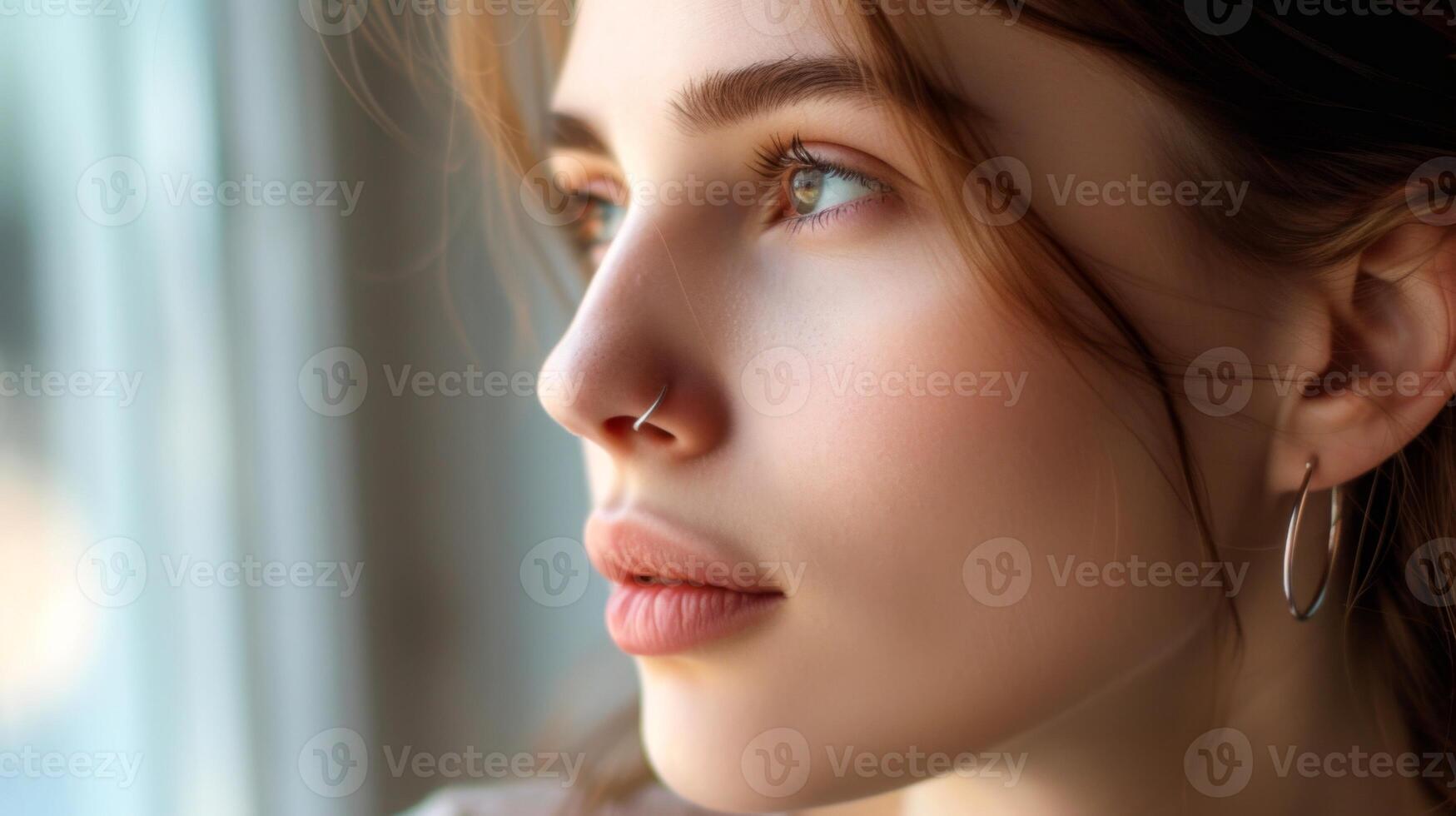 AI generated Portrait of a young woman with brown hair and green eyes, wearing a white shirt and nose piercing. photo