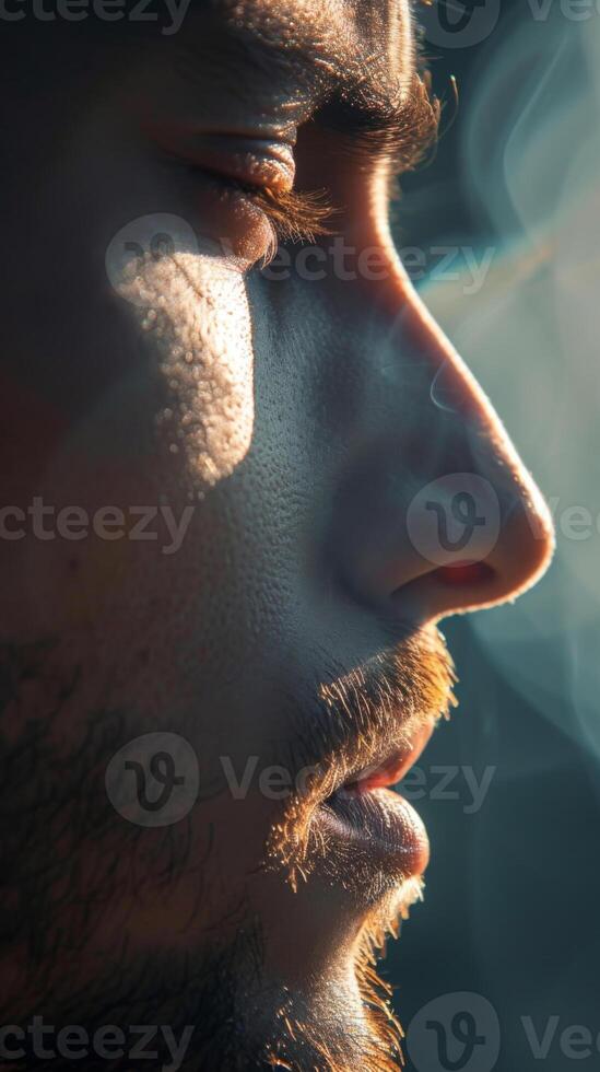 AI generated Bearded mans face illuminated by warm sunlight on a blue sky background photo