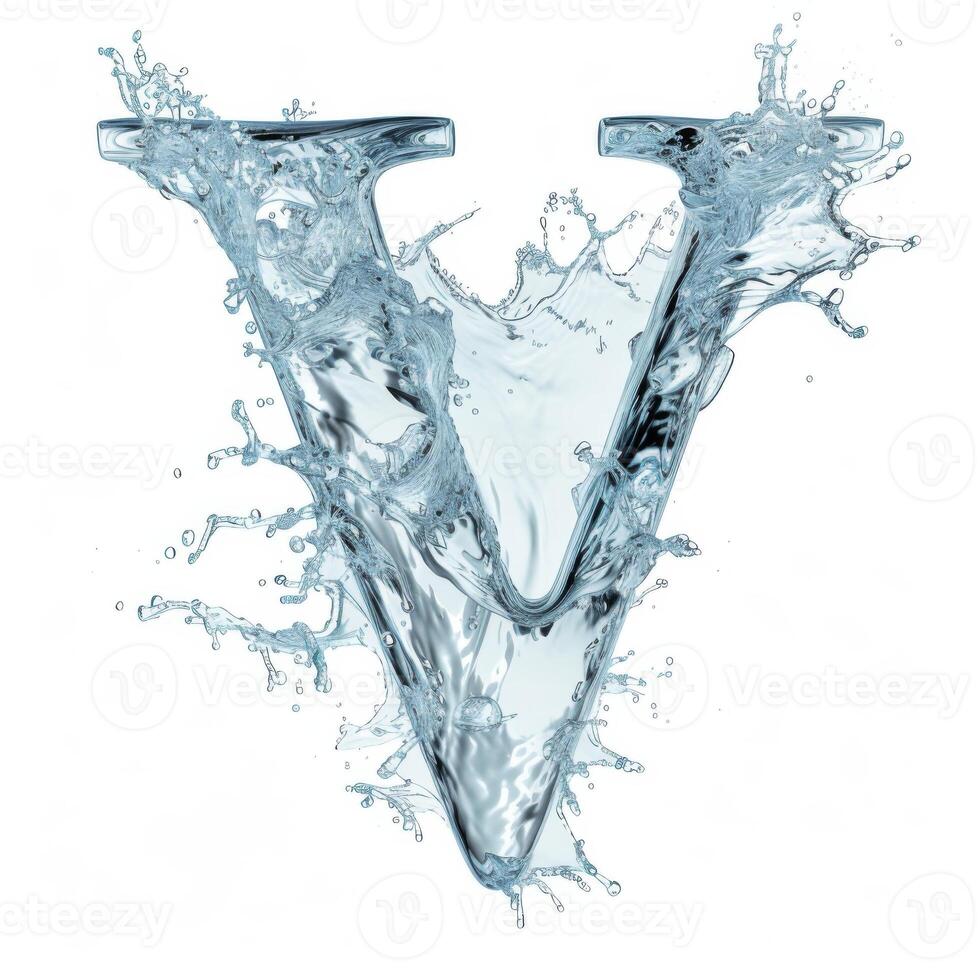 AI generated Letter V. Water splashes alphabet isolated on a white background. photo