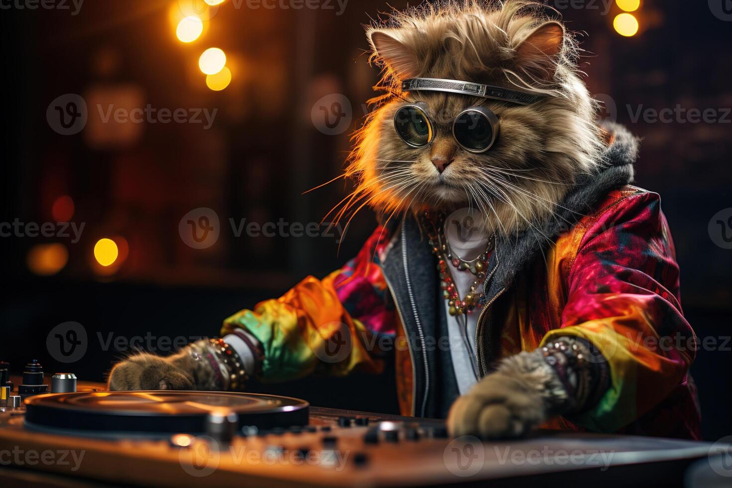 AI generated Cute fluffy cat DJ in a bright jacket and round sunglasses plays music on a mixing console at a rave party photo