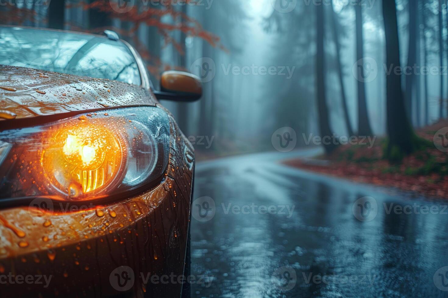 AI generated Front view of the headlight of a modern yellow car glowing orange against the background of a foggy forest road in the rain photo