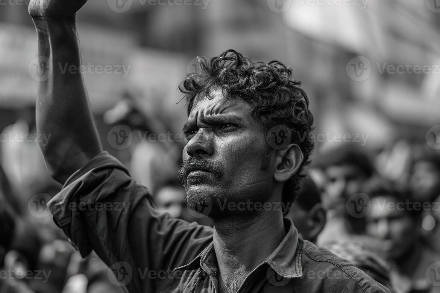 AI generated Black and white retro image of a young serious worker raising his hand up in the crowd at a rights protest rally photo