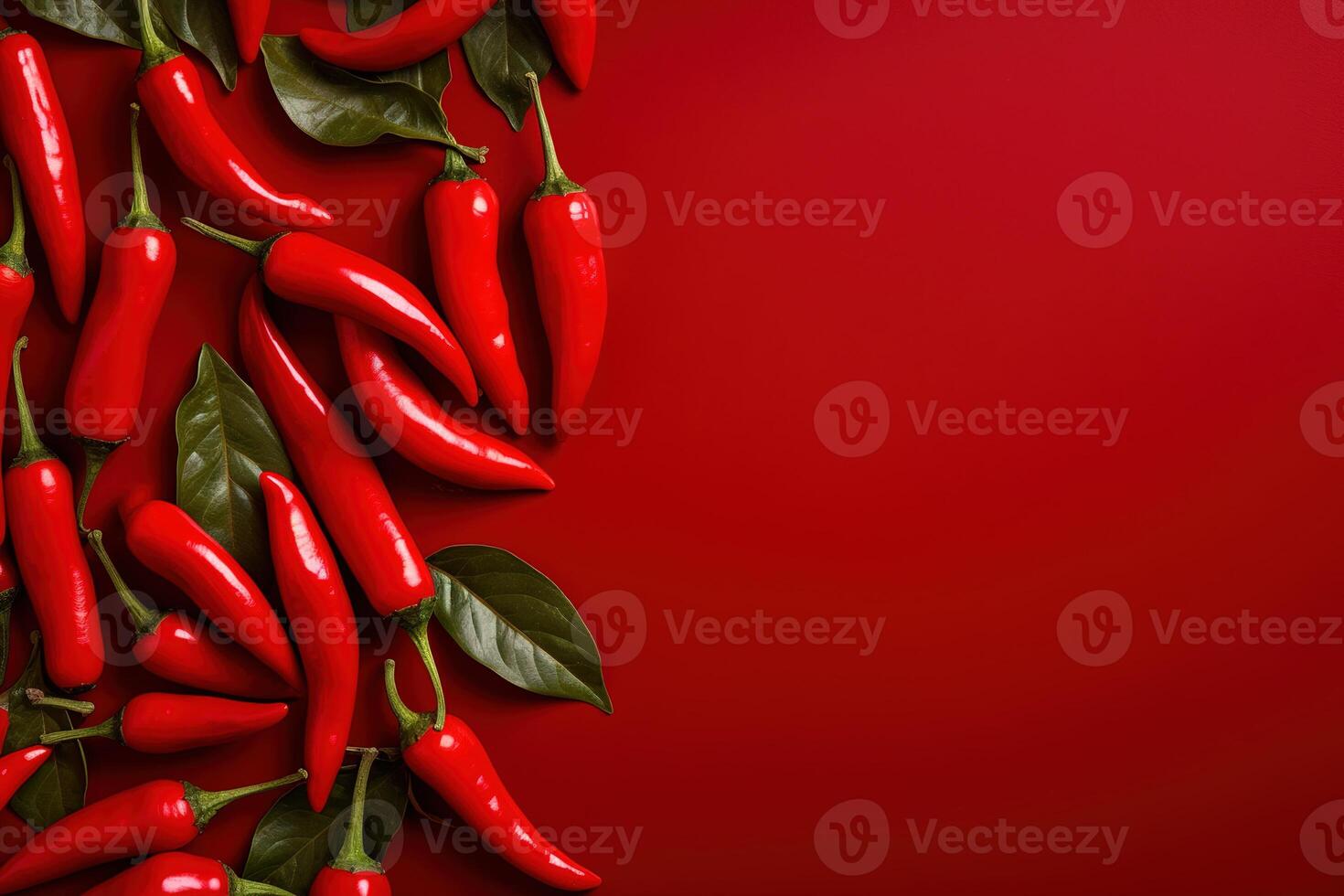 AI generated red chili peppers frame on red background top view, template with copy space photo