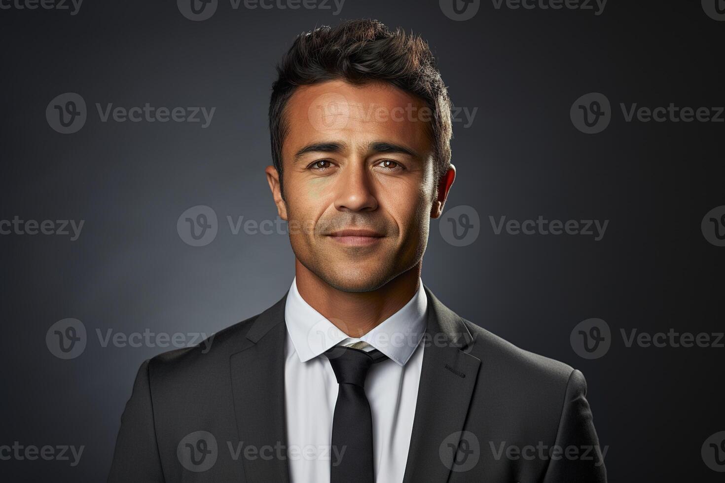 AI generated Attractive young confident handsome man in a business suit looks calmly relaxed on a dark gray background photo