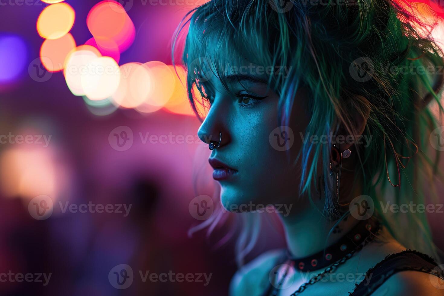 AI generated Side view of a young attractive punk woman with turquoise green hair and piercing in choker necklace on blurry nightclub concert background photo