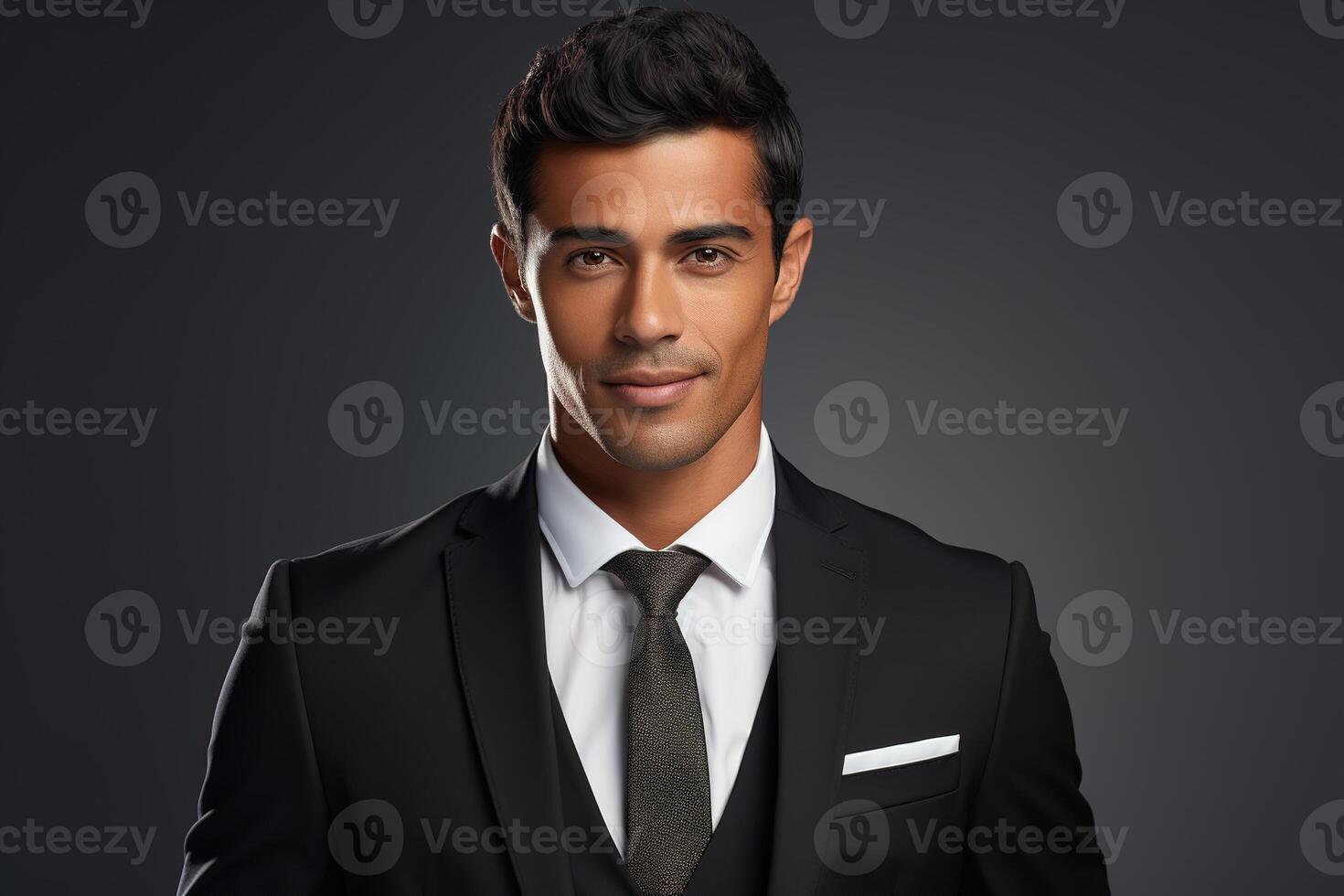 AI generated Attractive young confident handsome man in a business suit grinning on a dark gray background photo