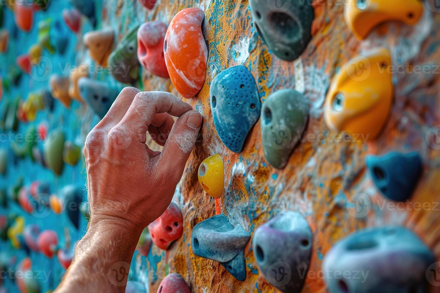 AI generated Closeup of mans hand on bright colored grips on a climbing wall photo
