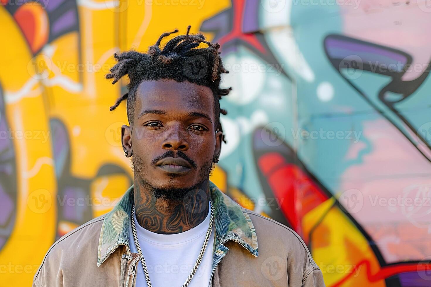 AI generated Portrait of a young handsome African man with dreadlocks in a beige jacket against the background of a painted wall photo