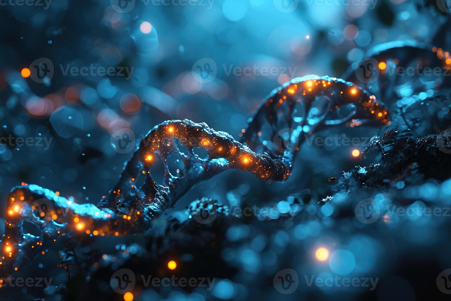 AI generated Closeup macro photograph of a human DNA cell glowing orange inside of an organism on a dark blue background photo