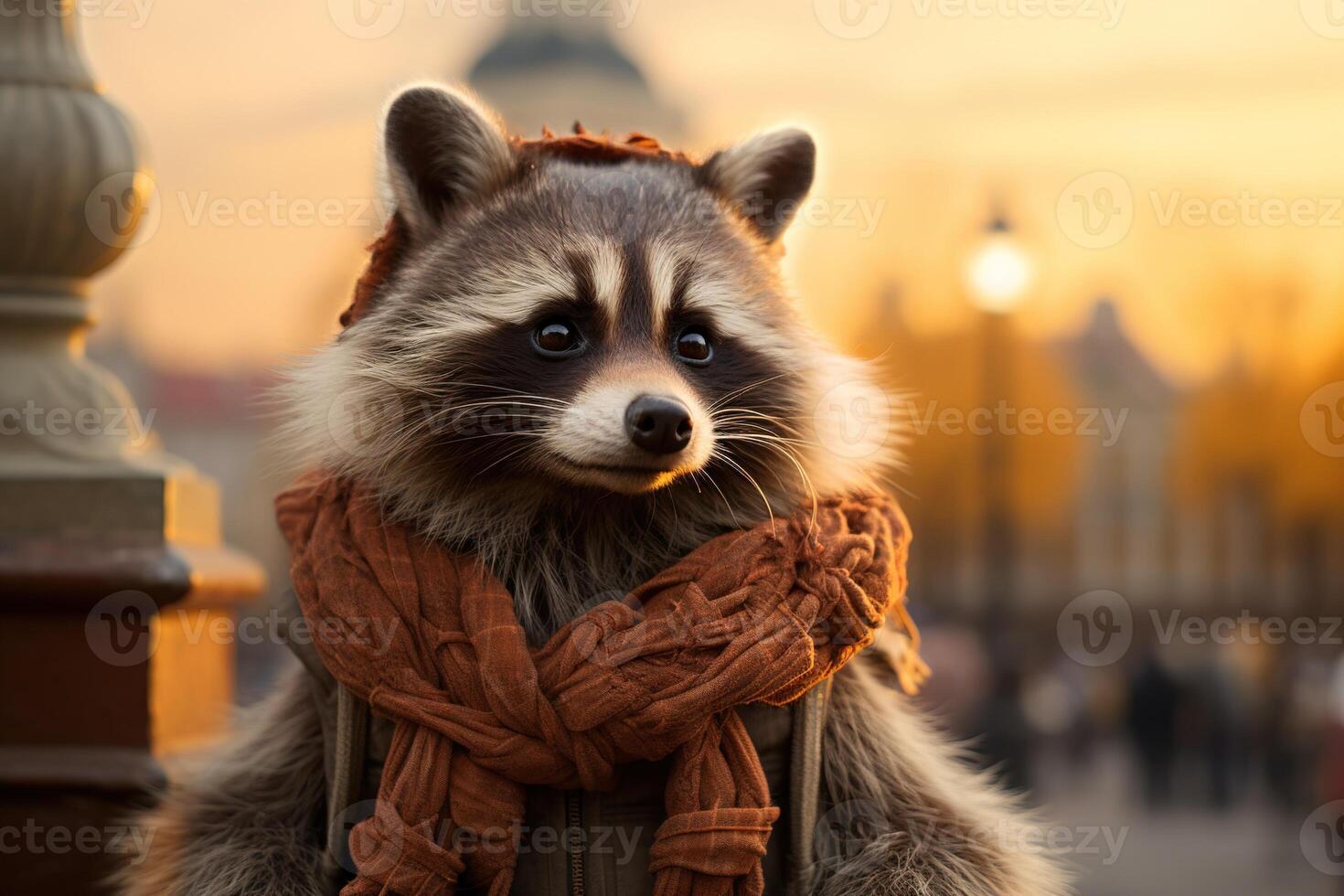 ai generado ilustración de un linda antropomórfico viajero mapache en un marrón bufanda y con mullido patas, caminando a lo largo el ciudad río terraplén foto