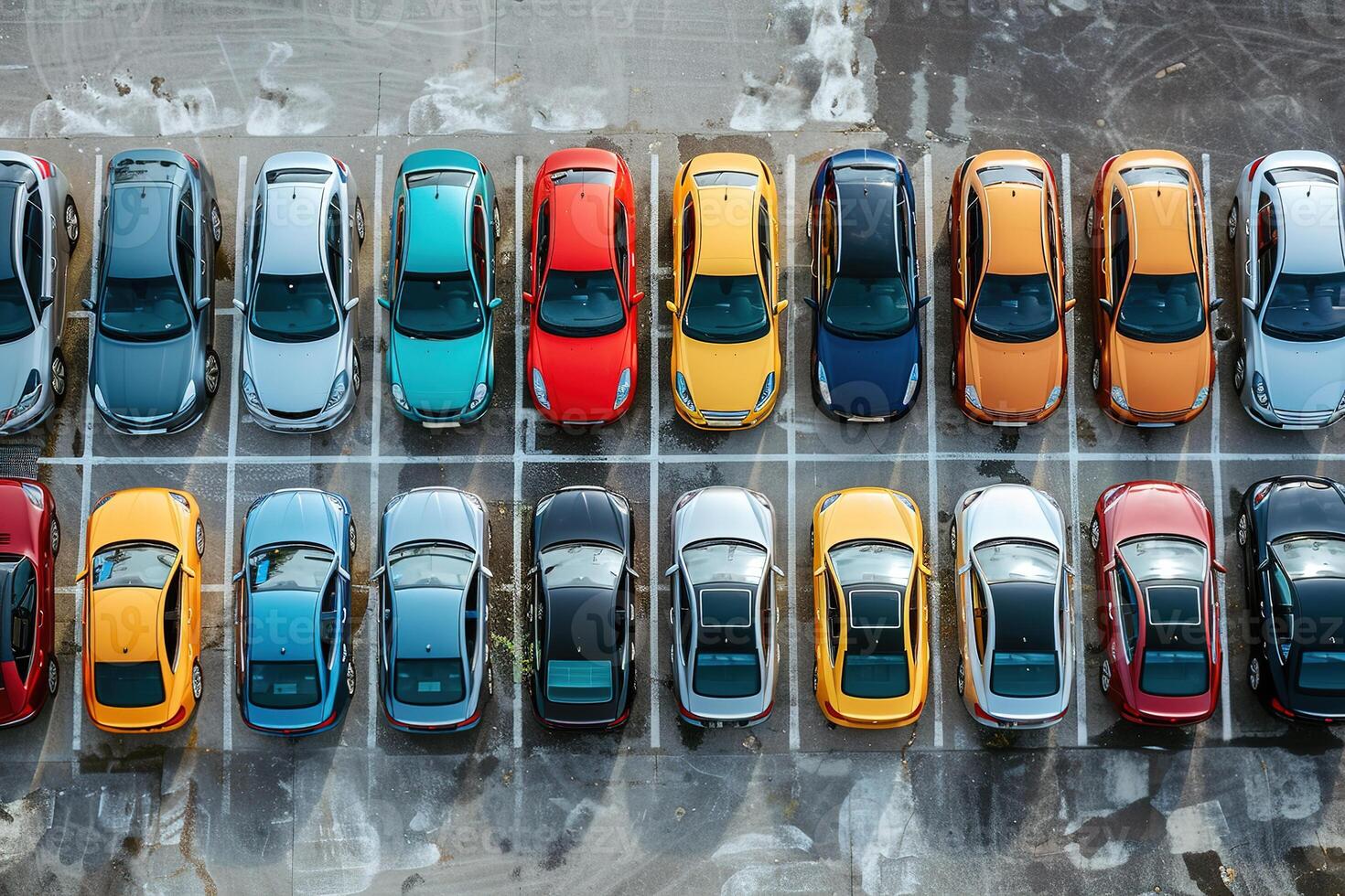 AI generated many different cars standing in rows in the parking lot, top aerial view photo