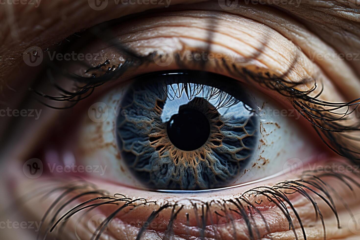 AI generated Macro closeup of an old woman's blue eye with severe wrinkles photo