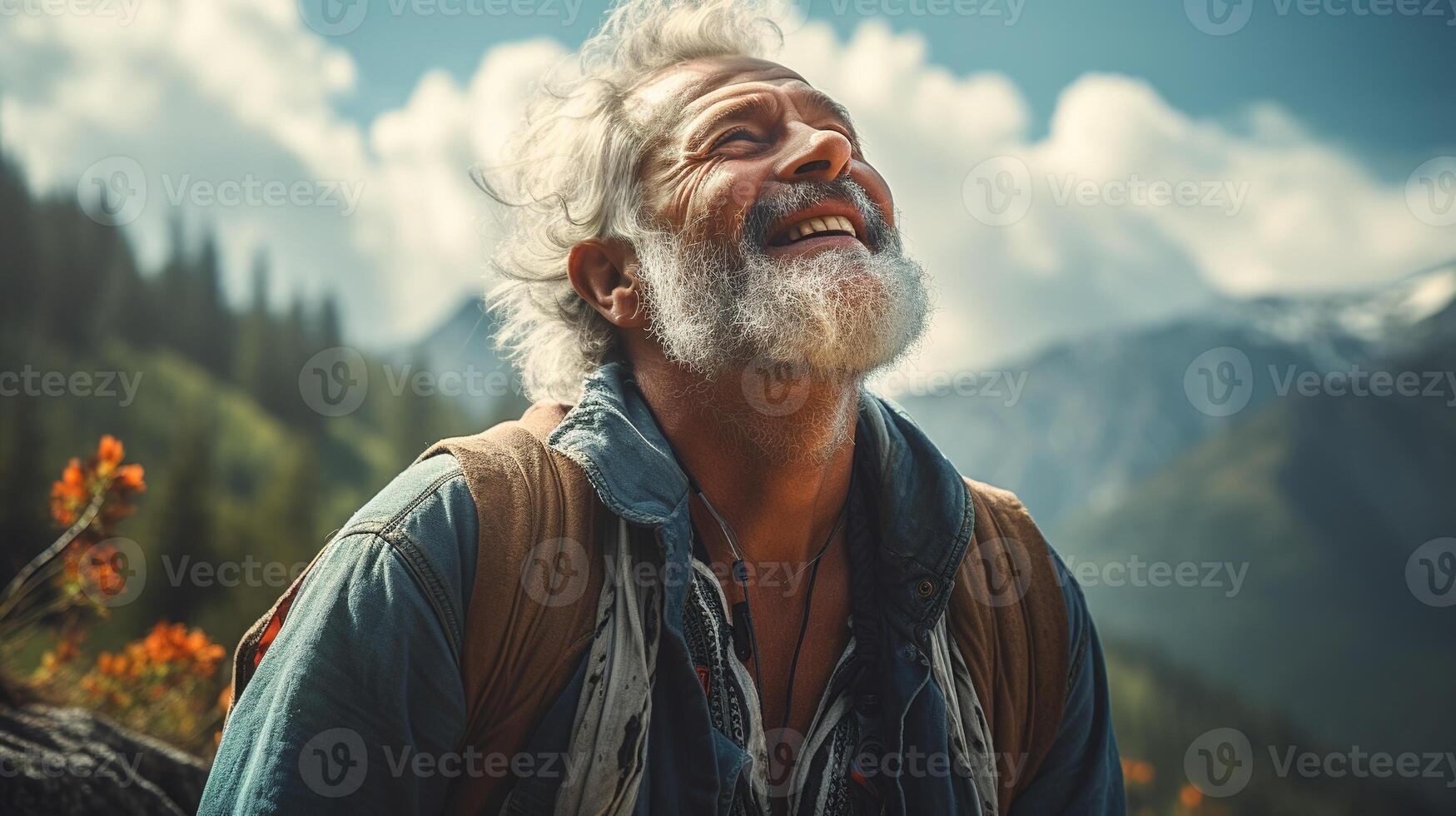 AI generated Elderly happy inspired smiling grey bearded and long haired man breathing clean air in a mountain valley photo