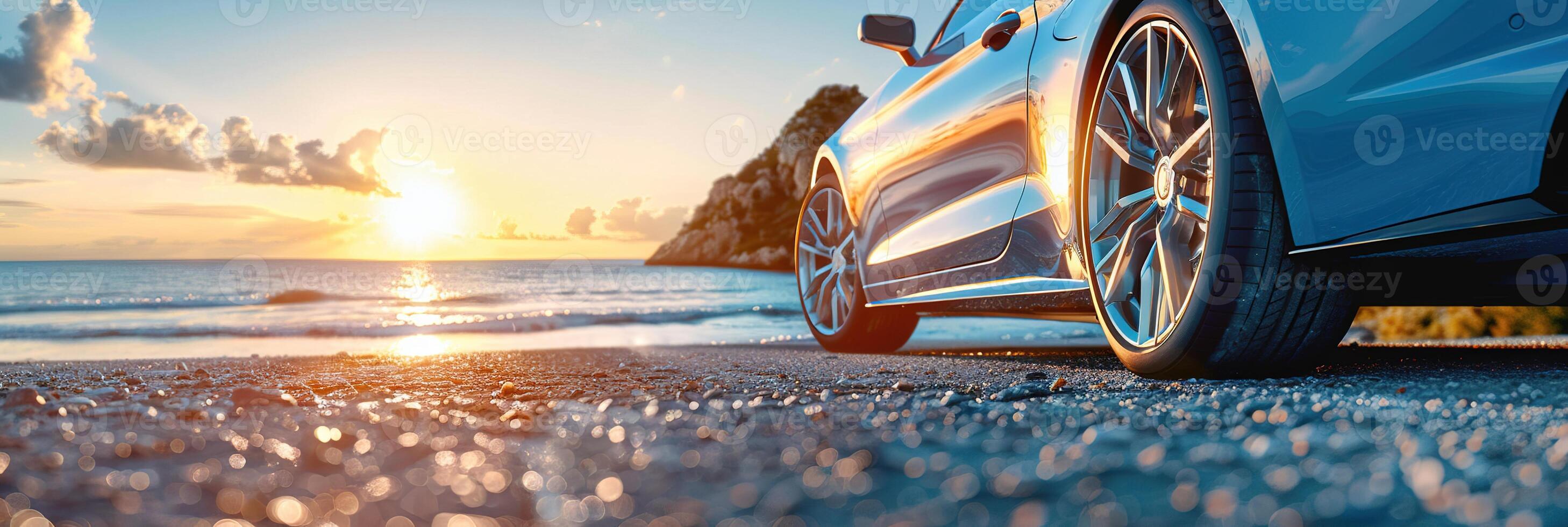 AI generated Scenic panoramic ground view of a grey car on a seashore with sun rising over rocks on a background photo